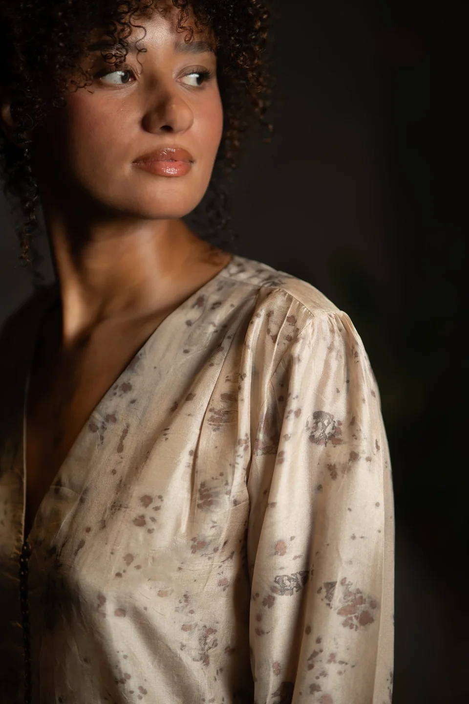 Gathered shoulder of the eco-printed blouse, rose-coloured leaf prints on cream silk