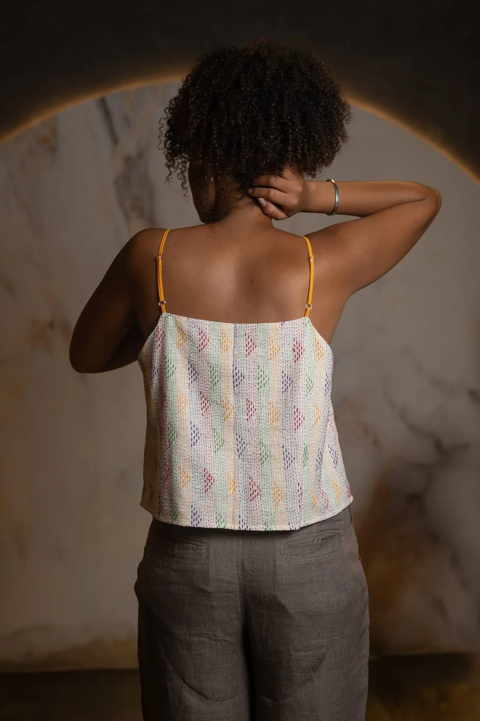 Back of the cotton kantha cami, yellow straps and scattered stitch