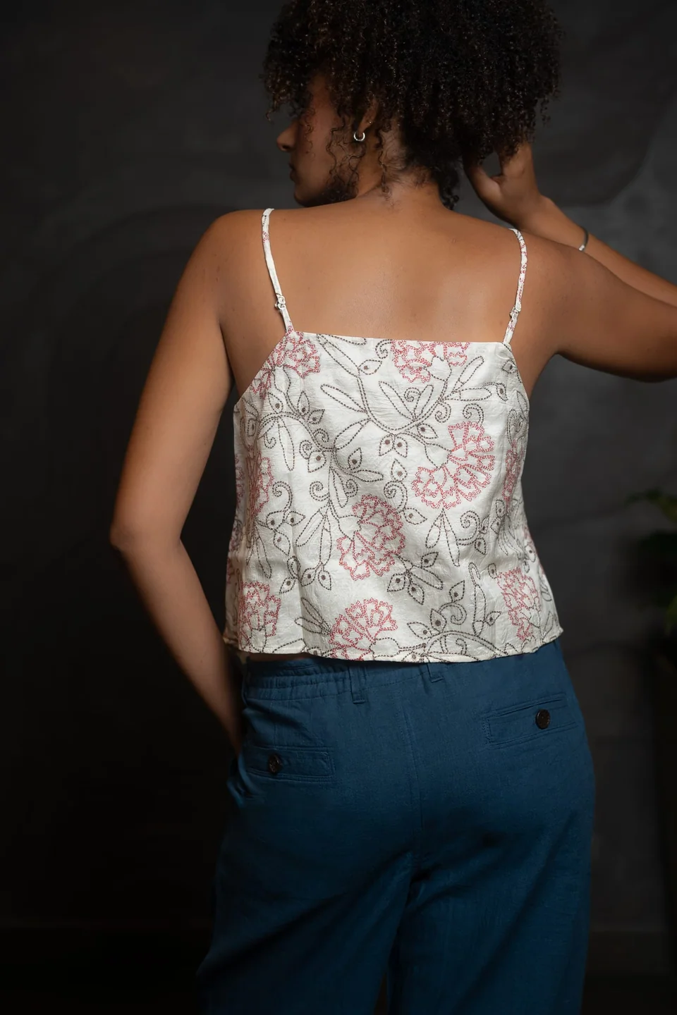 Back of the silk kantha cami, embroidered flowers across the shoulder blades